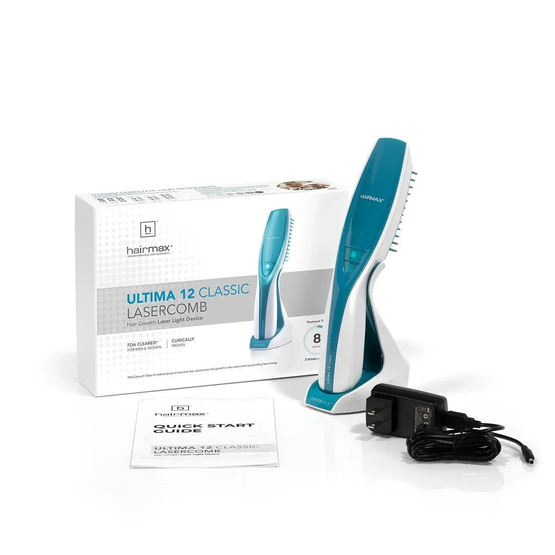 Hairmax Ultima 12 Classic LaserComb with packaging, power adapter, and quick start guide
