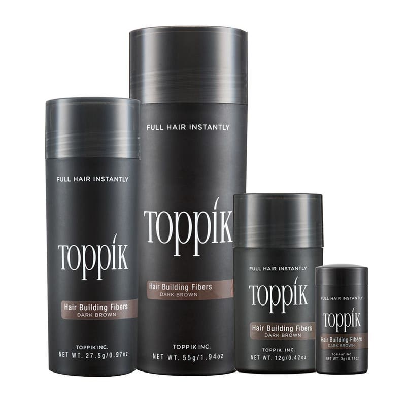 A set of Toppik Hair Building Fibers products in various sizes, including a giant, large, regular, and travel size container.