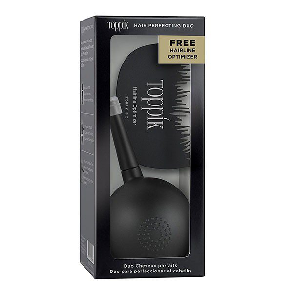 Toppik Hair Perfecting Duo, which includes a spray applicator and a hairline Optimizer tool.